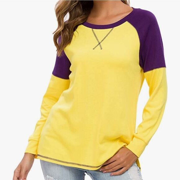 💜Yellow & Purple Colorblock Raglan Long Sleeve Top Medium - Picture 2 of 11